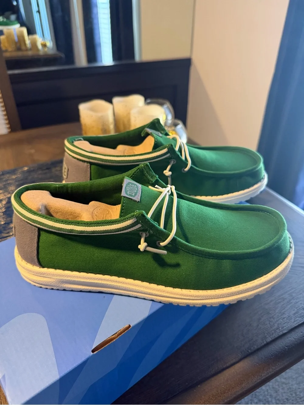 Hey Dude Green Canvas Slip-On Boat Shoes with Gray Heel